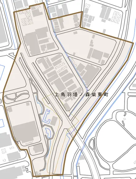 上鳥羽塔ノ森柴東町とその周辺の地図。町の範囲を重ねている