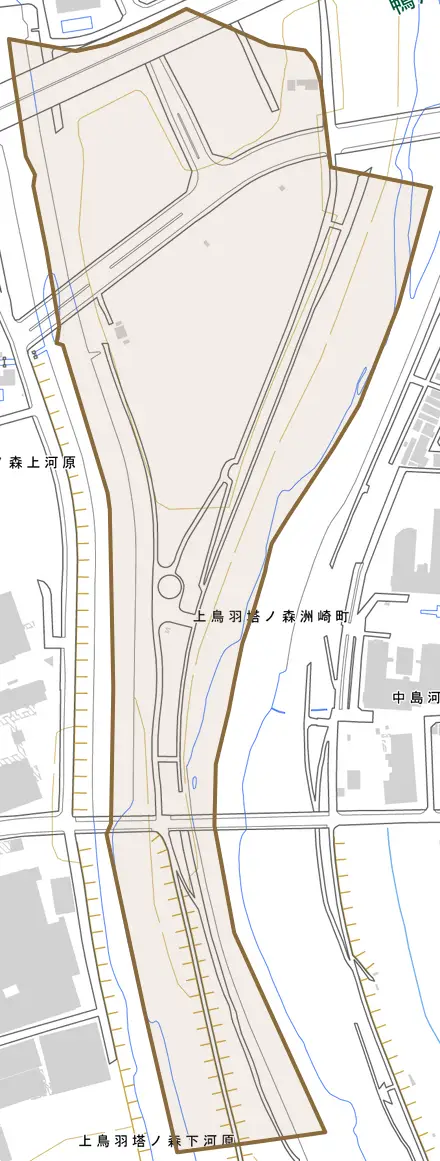 上鳥羽塔ノ森洲崎町とその周辺の地図。町の範囲を重ねている