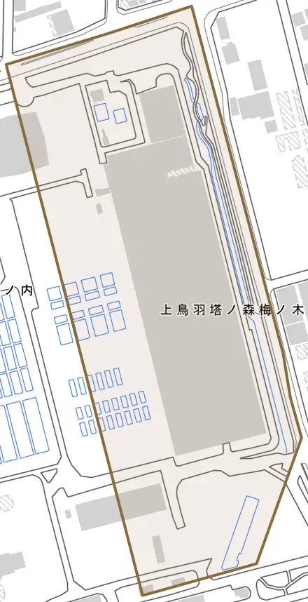 上鳥羽塔ノ森梅ノ木とその周辺の地図。町の範囲を重ねている