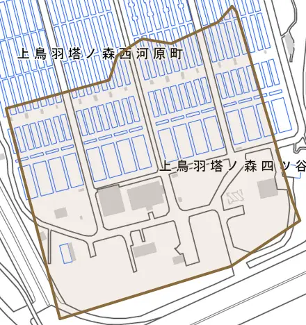 上鳥羽塔ノ森四ツ谷町とその周辺の地図。町の範囲を重ねている