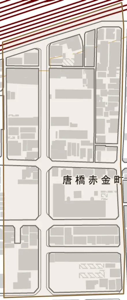 唐橋赤金町とその周辺の地図。町の範囲を重ねている