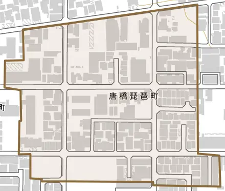 唐橋琵琶町とその周辺の地図。町の範囲を重ねている