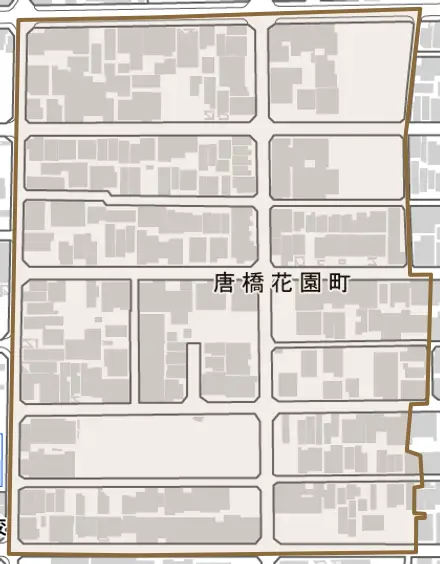 唐橋花園町とその周辺の地図。町の範囲を重ねている