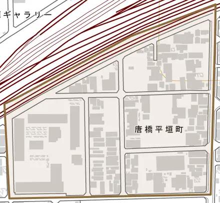 唐橋平垣町とその周辺の地図。町の範囲を重ねている