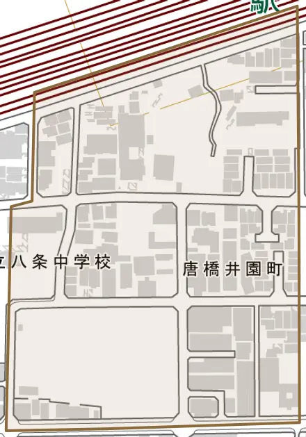 唐橋井園町とその周辺の地図。町の範囲を重ねている