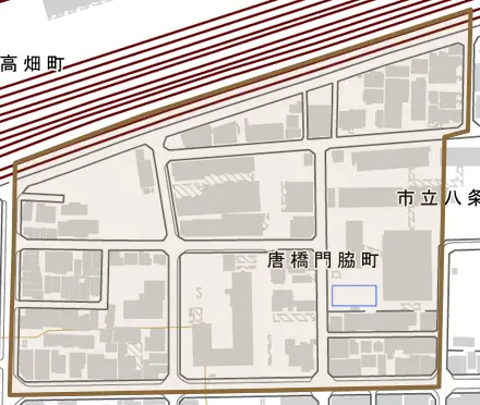 唐橋門脇町とその周辺の地図。町の範囲を重ねている