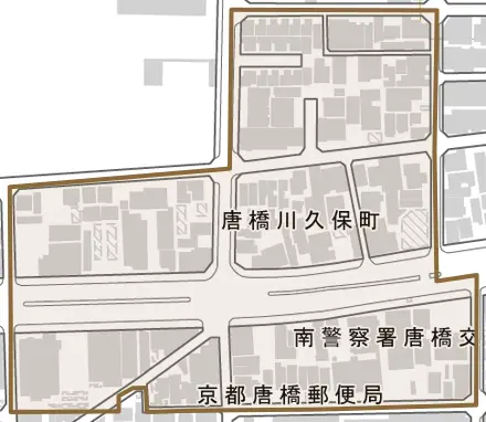 唐橋川久保町とその周辺の地図。町の範囲を重ねている