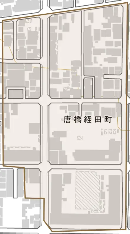 唐橋経田町とその周辺の地図。町の範囲を重ねている