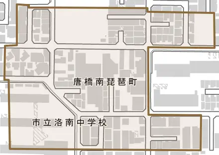 唐橋南琵琶町とその周辺の地図。町の範囲を重ねている