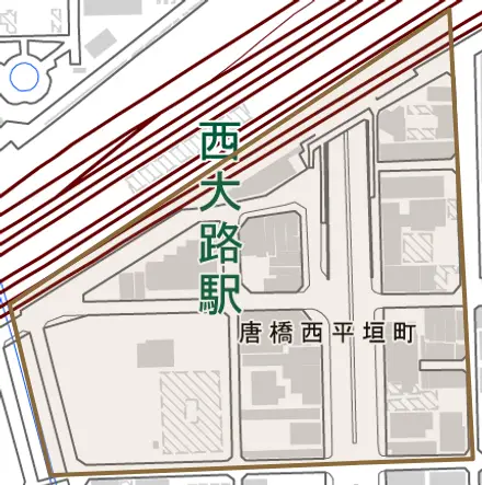 唐橋西平垣町とその周辺の地図。町の範囲を重ねている