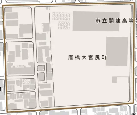 唐橋大宮尻町とその周辺の地図。町の範囲を重ねている