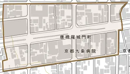 唐橋羅城門町とその周辺の地図。町の範囲を重ねている