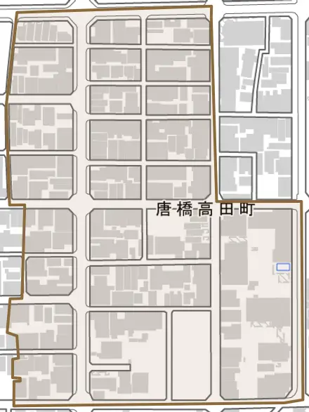 唐橋高田町とその周辺の地図。町の範囲を重ねている