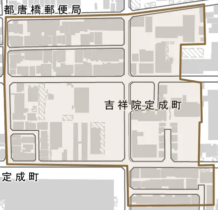 吉祥院定成町とその周辺の地図。町の範囲を重ねている