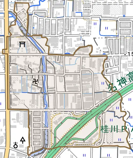 久世東土川町とその周辺の地図。町の範囲を重ねている