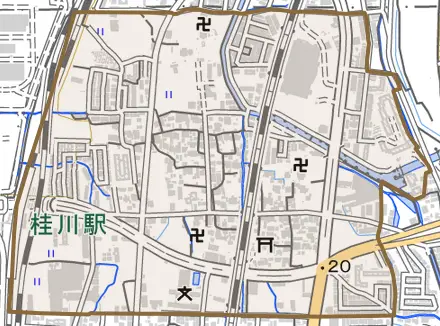 久世上久世町とその周辺の地図。町の範囲を重ねている