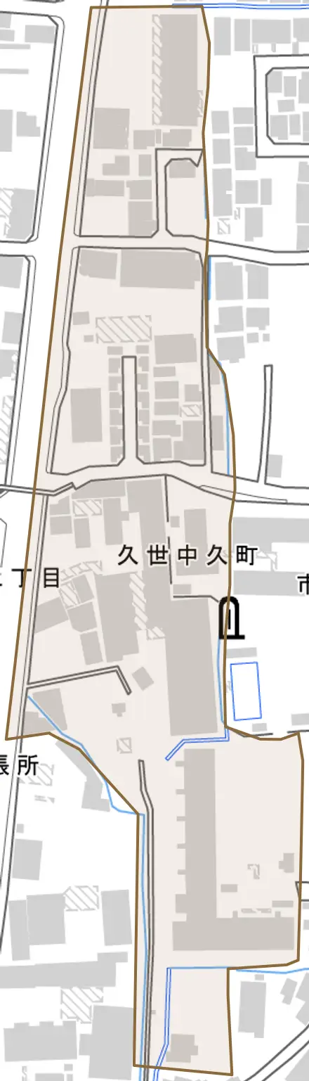 久世中久町とその周辺の地図。町の範囲を重ねている