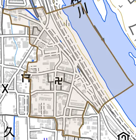 久世大築町とその周辺の地図。町の範囲を重ねている