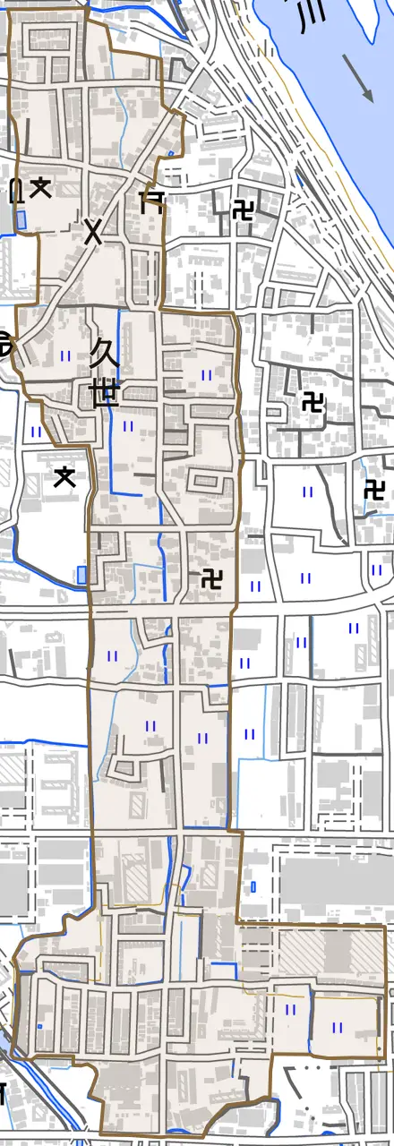 久世大藪町とその周辺の地図。町の範囲を重ねている
