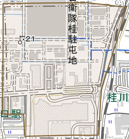 久世高田町とその周辺の地図。町の範囲を重ねている