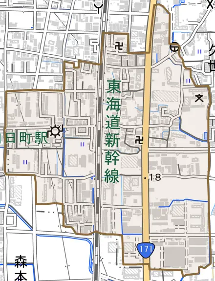 久世殿城町とその周辺の地図。町の範囲を重ねている