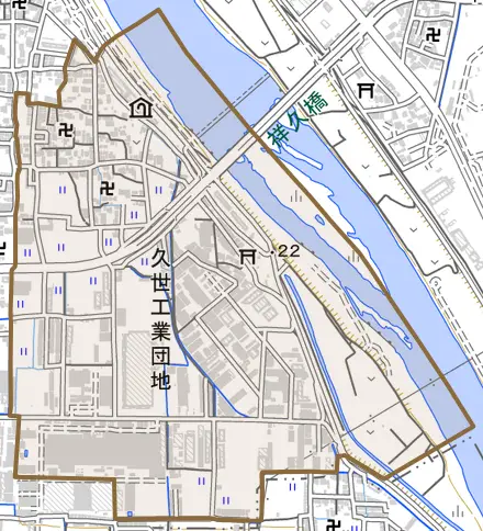久世築山町とその周辺の地図。町の範囲を重ねている