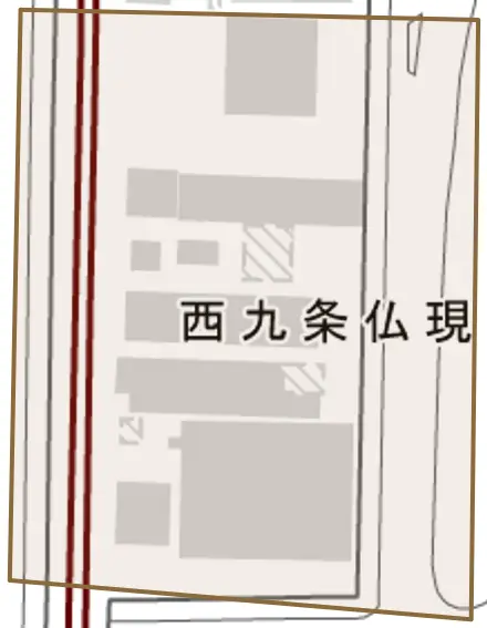 西九条仏現寺町とその周辺の地図。町の範囲を重ねている