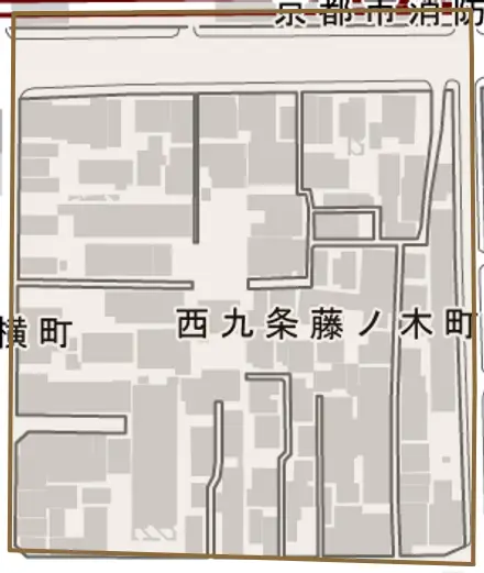 西九条藤ノ木町とその周辺の地図。町の範囲を重ねている