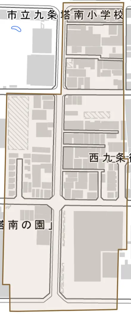 西九条御幸田町とその周辺の地図。町の範囲を重ねている