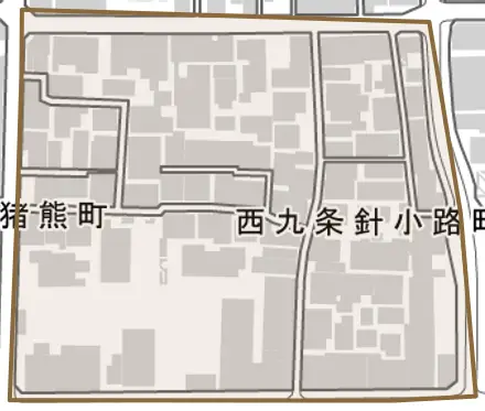 西九条針小路町とその周辺の地図。町の範囲を重ねている