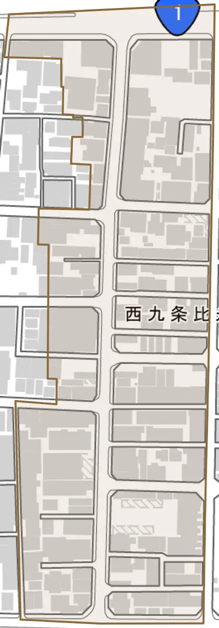西九条比永城町とその周辺の地図。町の範囲を重ねている