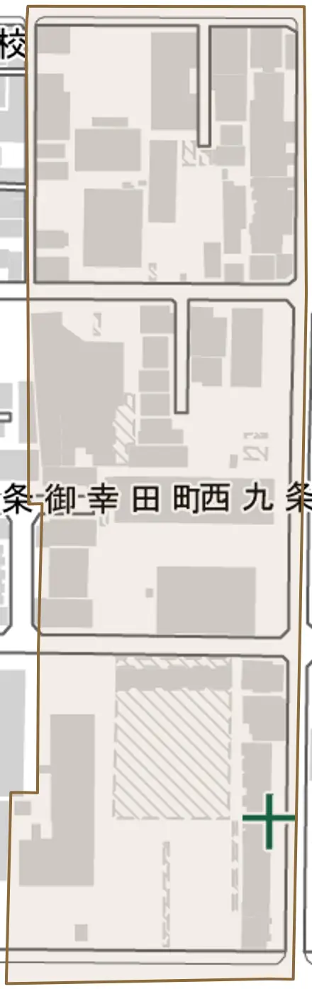 西九条東御幸田町とその周辺の地図。町の範囲を重ねている