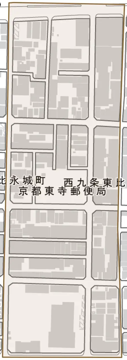 西九条東比永城町とその周辺の地図。町の範囲を重ねている