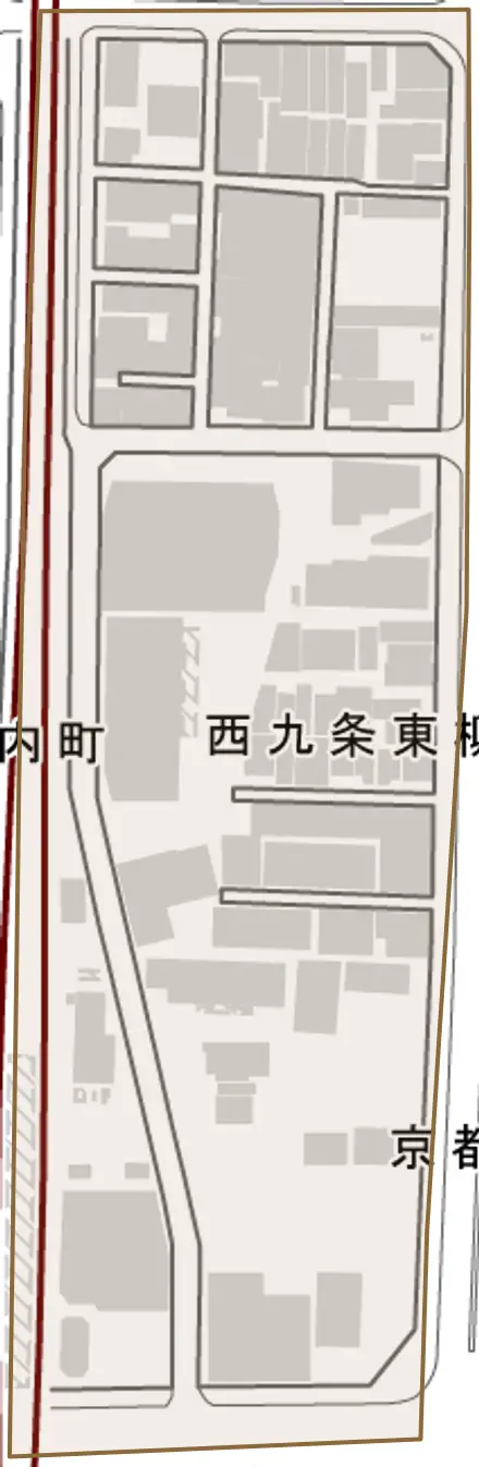 西九条東柳ノ内町とその周辺の地図。町の範囲を重ねている