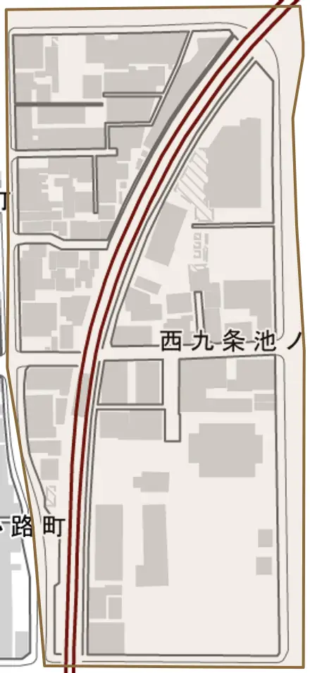 西九条池ノ内町とその周辺の地図。町の範囲を重ねている