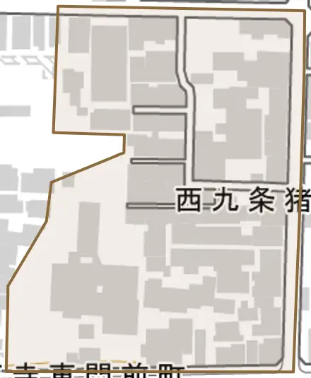 西九条猪熊町とその周辺の地図。町の範囲を重ねている