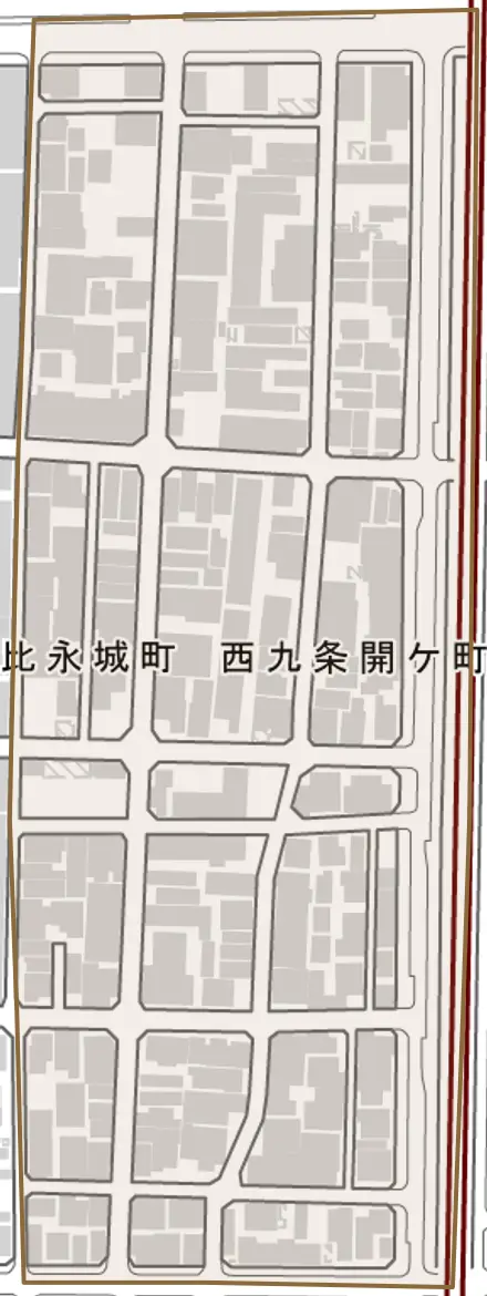 西九条開ケ町とその周辺の地図。町の範囲を重ねている