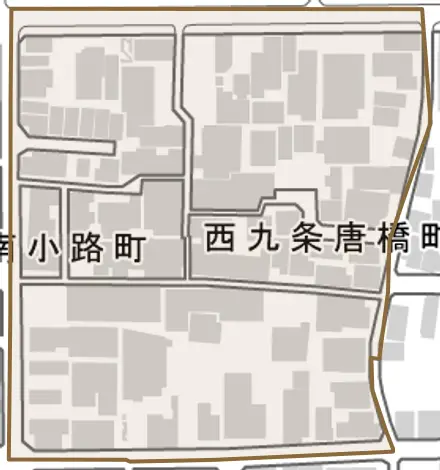 西九条唐橋町とその周辺の地図。町の範囲を重ねている
