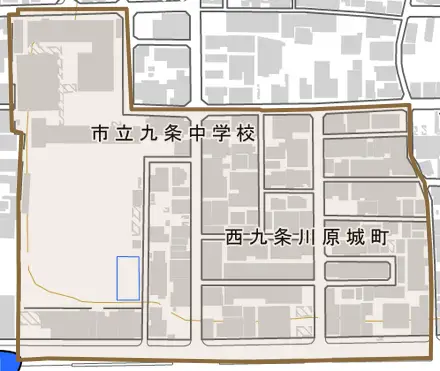 西九条川原城町とその周辺の地図。町の範囲を重ねている
