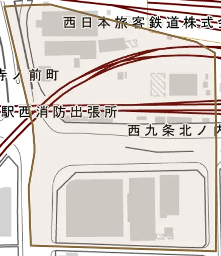 西九条北ノ内町とその周辺の地図。町の範囲を重ねている