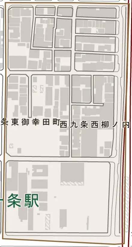 西九条西柳ノ内町とその周辺の地図。町の範囲を重ねている