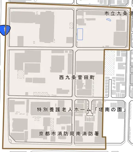 西九条菅田町とその周辺の地図。町の範囲を重ねている