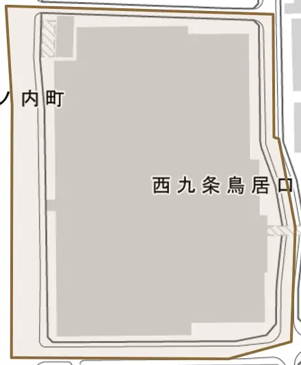 西九条鳥居口町とその周辺の地図。町の範囲を重ねている
