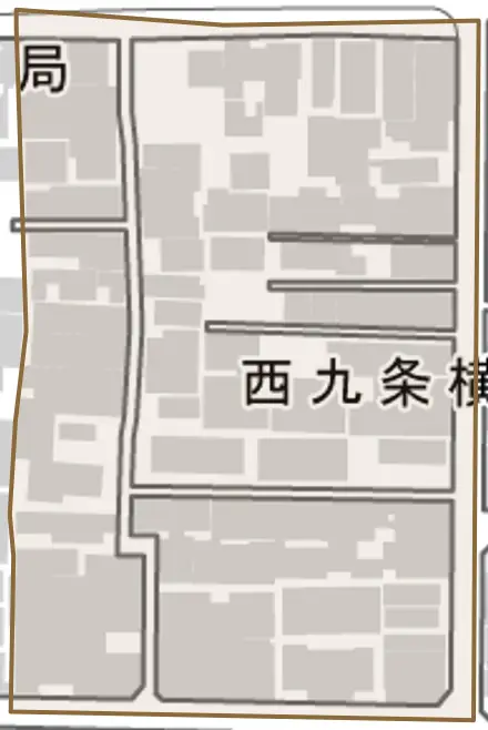 西九条横町とその周辺の地図。町の範囲を重ねている