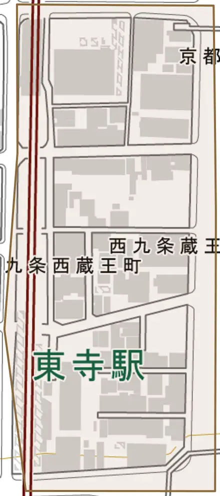 西九条蔵王町とその周辺の地図。町の範囲を重ねている