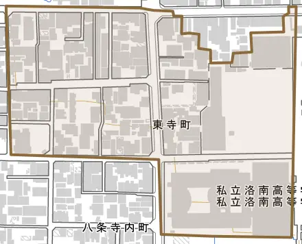 東寺町とその周辺の地図。町の範囲を重ねている