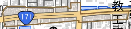四ツ塚町とその周辺の地図。町の範囲を重ねている