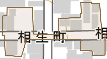 相生町とその周辺の地図。町の範囲を重ねている