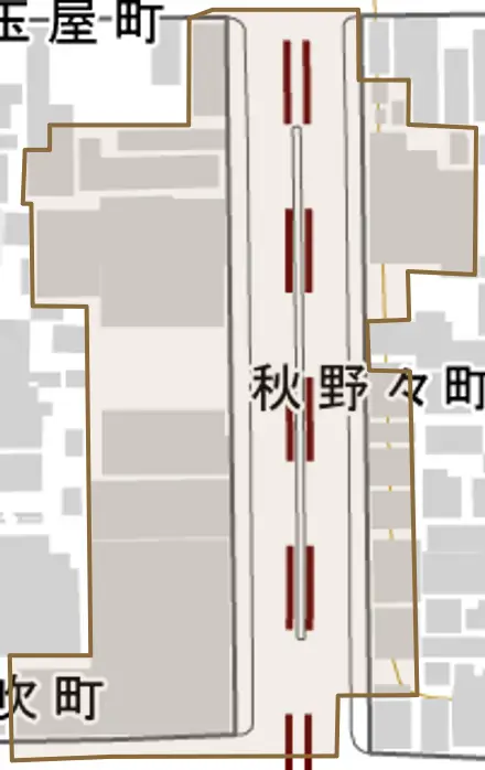秋野々町とその周辺の地図。町の範囲を重ねている