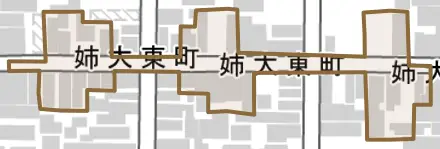 姉大東町とその周辺の地図。町の範囲を重ねている